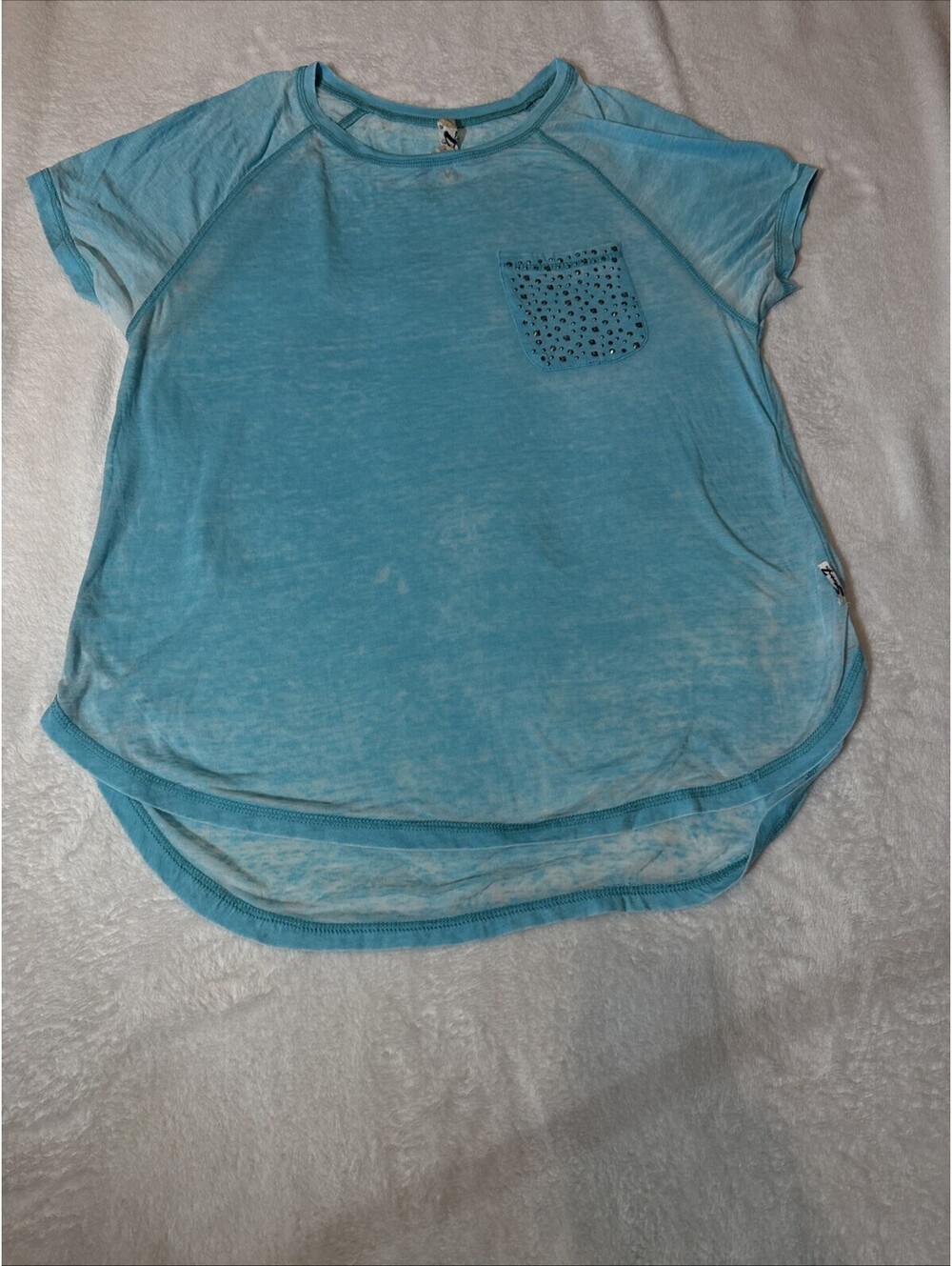 Seven7 T Shirt Womens L Large Teal Dyed Studded Rhinestone Pocket (2162)